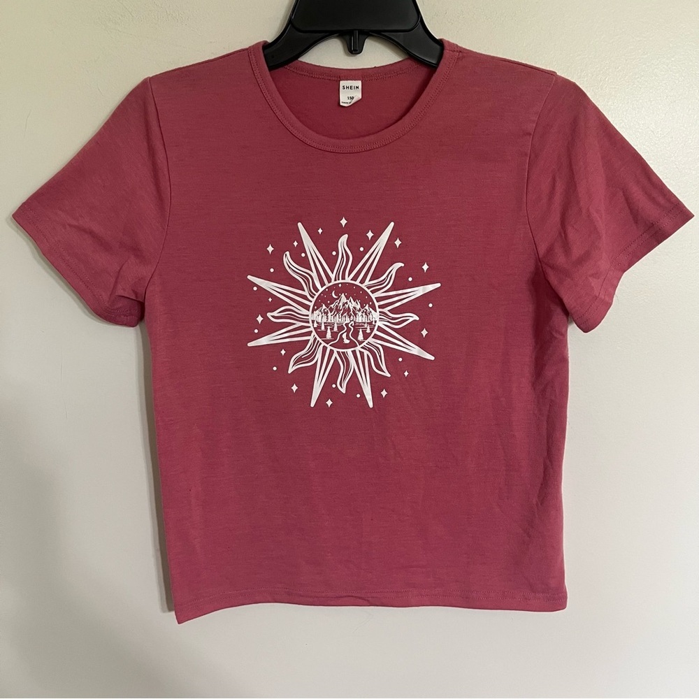 SHEIN Girls Mauve‎ Pink Sun Mountain Graphic Tee Shirt Size 150 Short Sleeve